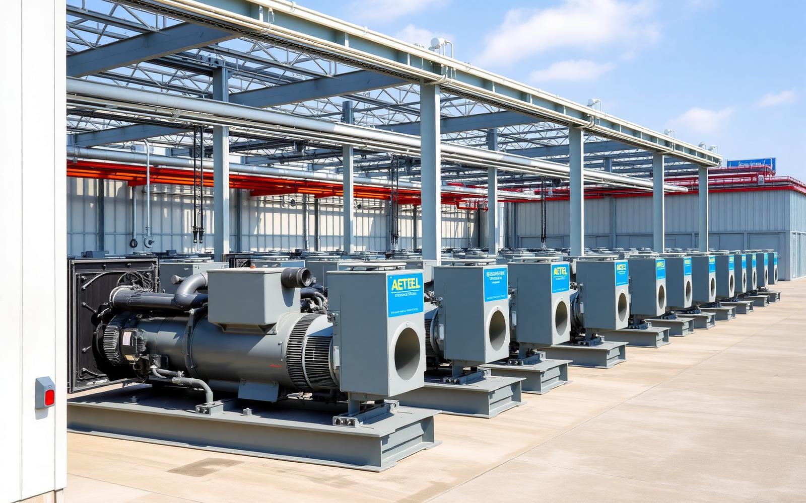 Bank of commercial standby generators in an equipment yard