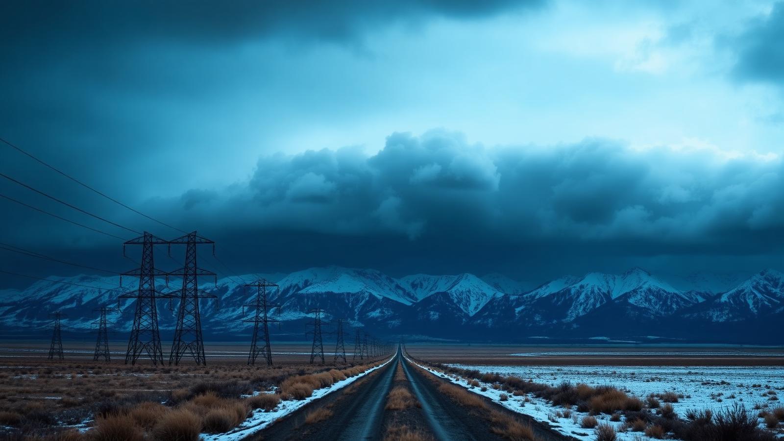Transmission lines crossing snowy Montana prairie under a winter storm