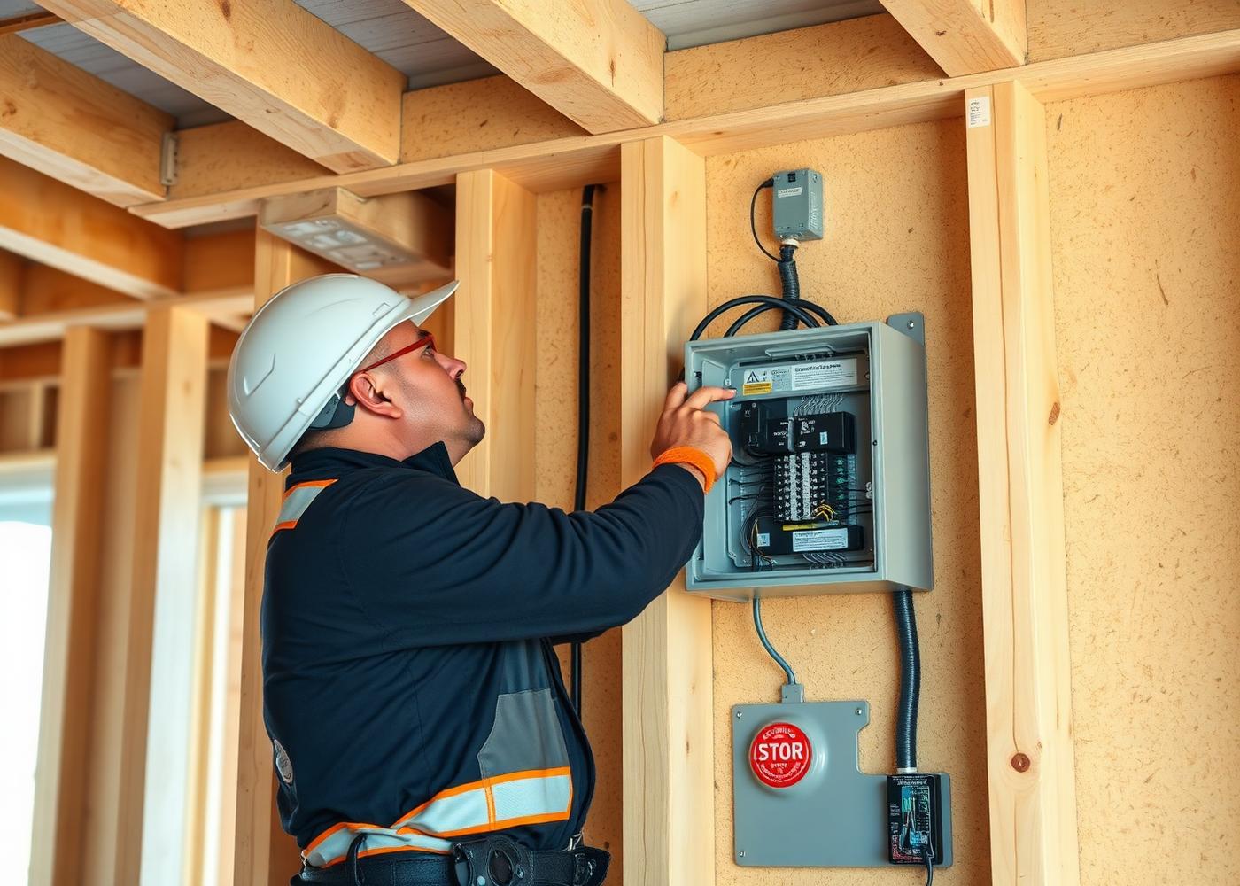 Electrician installing a transfer switch and panel during new construction