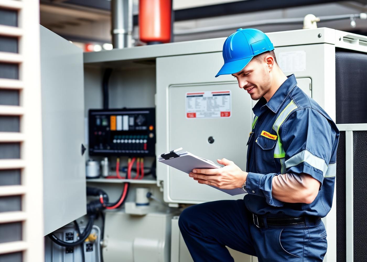 Technician inspecting generator controls during a scheduled service visit